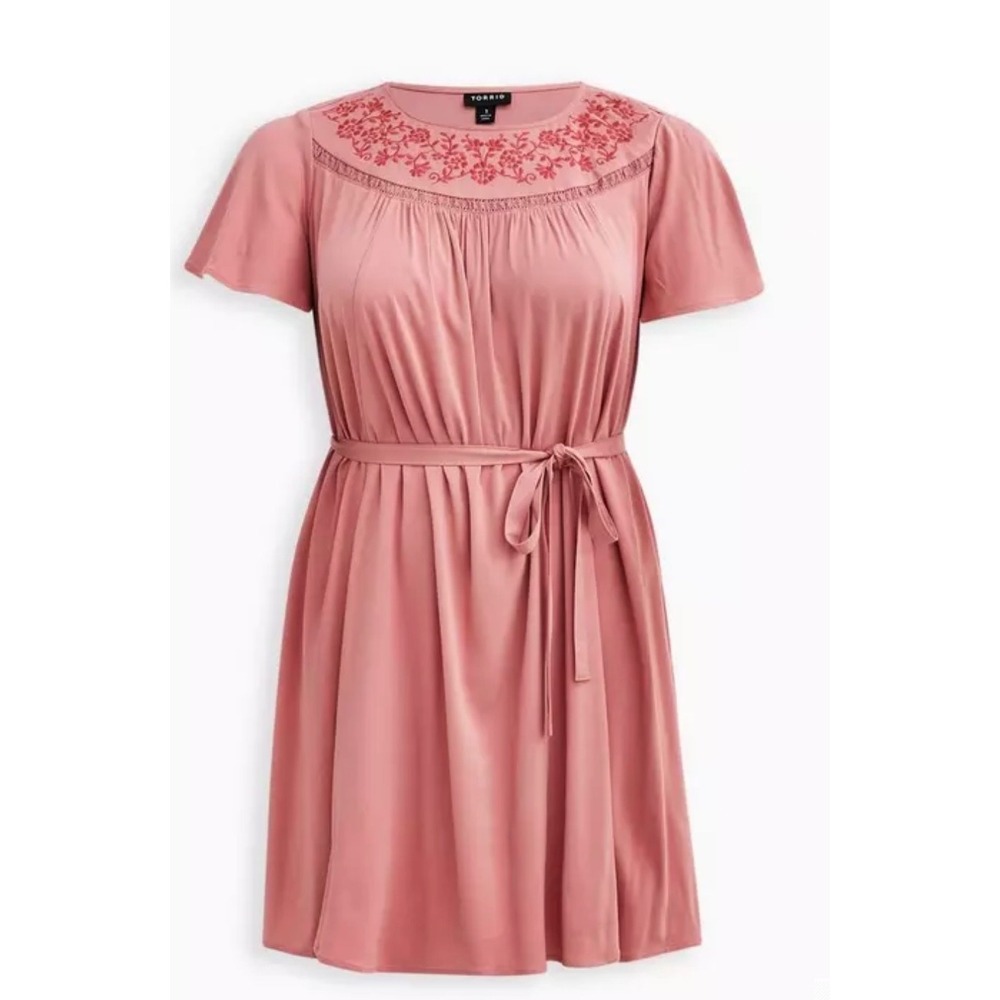 Torrid 2 Embroidered Gauze Flutter Sleeve Belted Mini Dress‎ Coral 2x 18 20